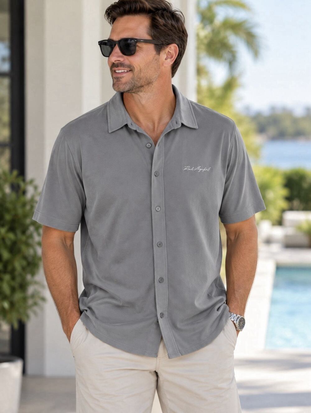 Karl Lagerfeld Gray Button Front Short Sleeve Shirt Sz L Pin Hole By Collar NWT